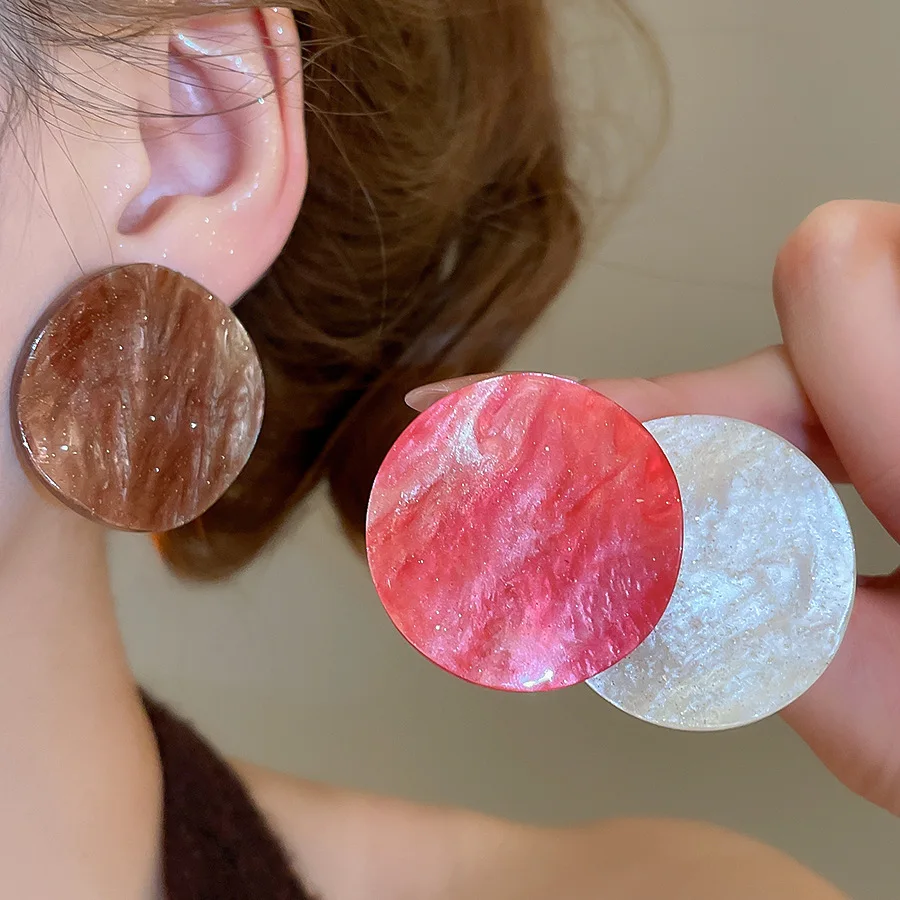 Coffee White Pink Large Round Irregular Smudging Acrylic Stud Earrings for Women Retro Exaggerated Geometric Resin Ear Studs F