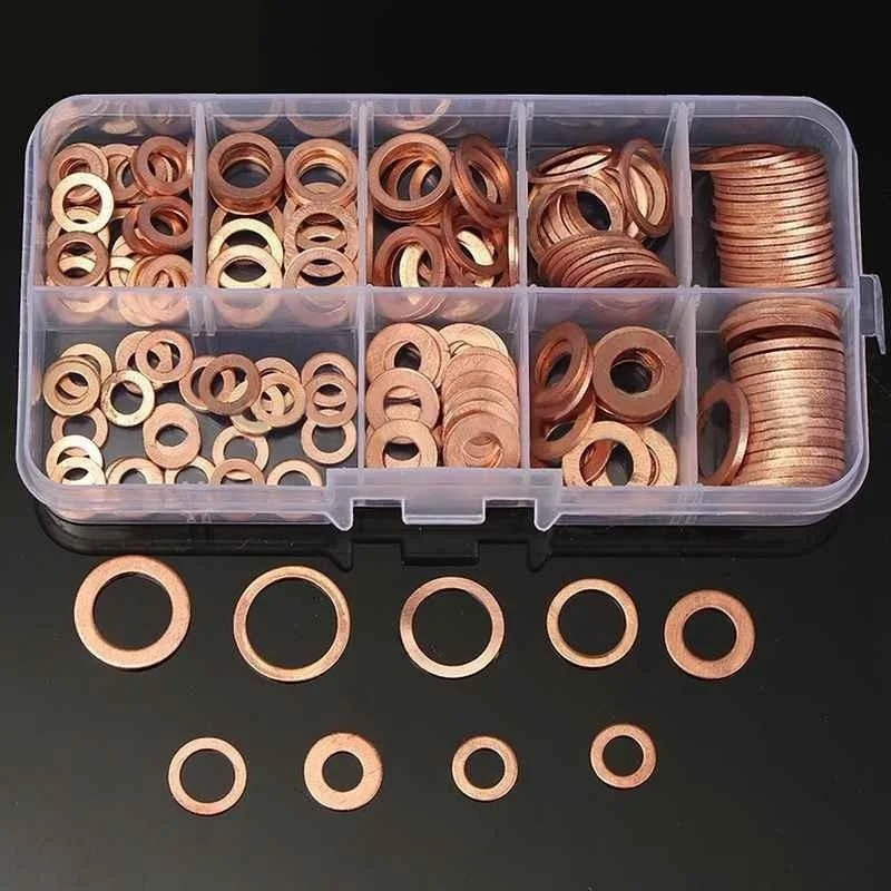 400/300/280/200/150/100Pcs Washer Copper Washer Gasket Nut and Bolt Set Flat Ring Seal Assortment Kit with Box for Sump Plugs