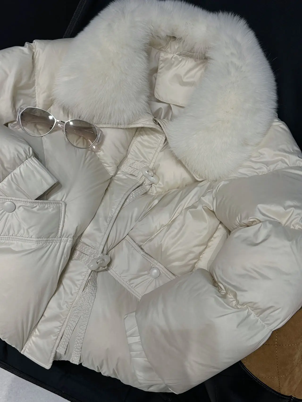 

Thick Winter down Jacket Women's Fashion New Style Mommy Coat Real Fox Fur Collar Eco Leather White Duck down Coat No Wash