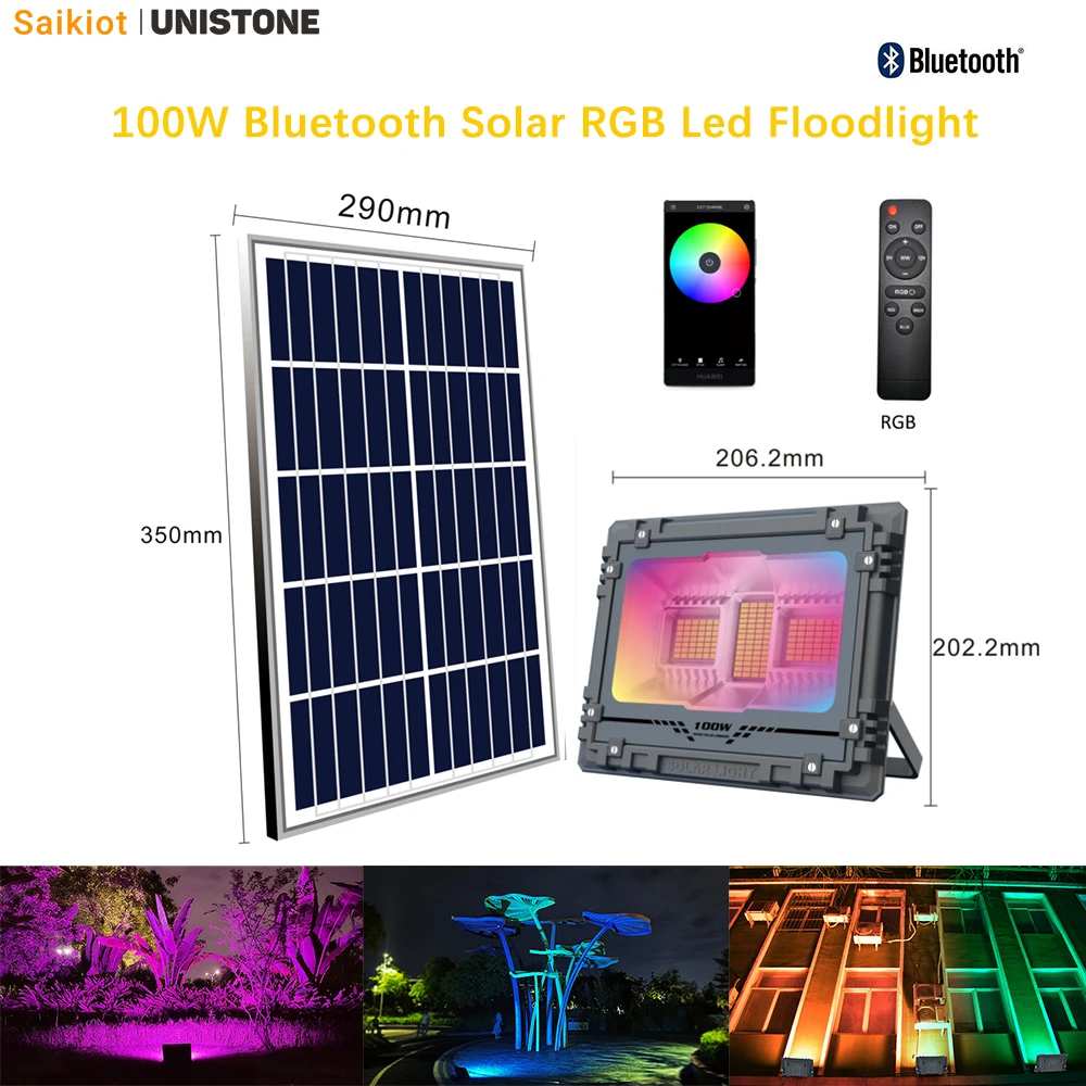 Saikiot 60W 100W Solar RGB LED Light Spotlight Floodlight IP67 Waterproof Bluetooth  Remote Control Solar RGB Led Lamp Light