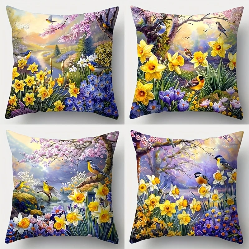 

4Pcs Vivid Spring Throw Pillow Covers with Multi-style Daffodil Cherry Blossom Forest Bird Pattern Cushion Cases for Study