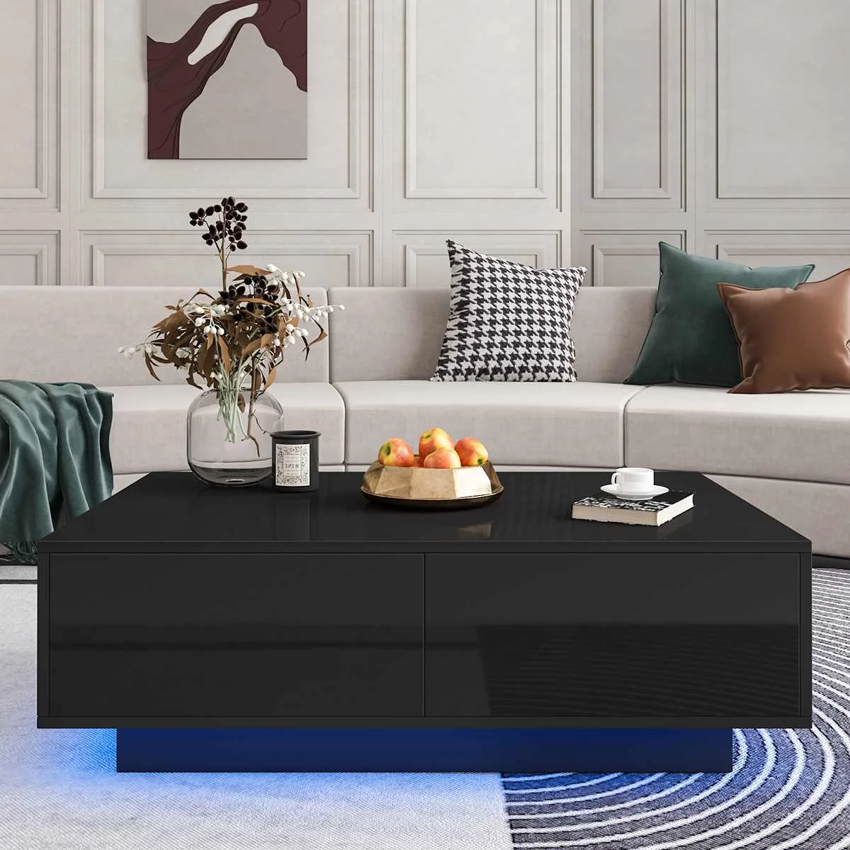 Living Room Furniture  Modern High Gloss RGB LED Coffee Table with 4 Drawer Storage Sofa Side End Table Home Furniture black