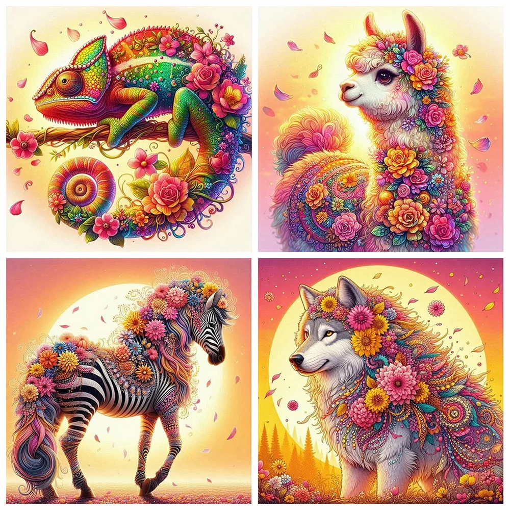 Evershine Blume voller runder Diamant-Mosaik, Zebra-Hund, 4 Stück, Diamant-Gemälde, Wolf, Tier, Alpaka, DIY, Acryl, Bastelbedarf, Wandkunst