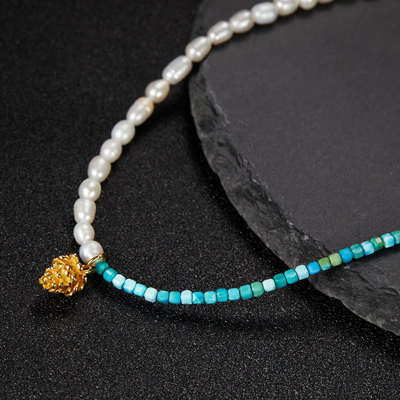 

Original Designs925Sterling Silver Spliced Natural Turquoise Freshwater Pearl Gemstone Necklace for Women Pinecone Pendant Versa