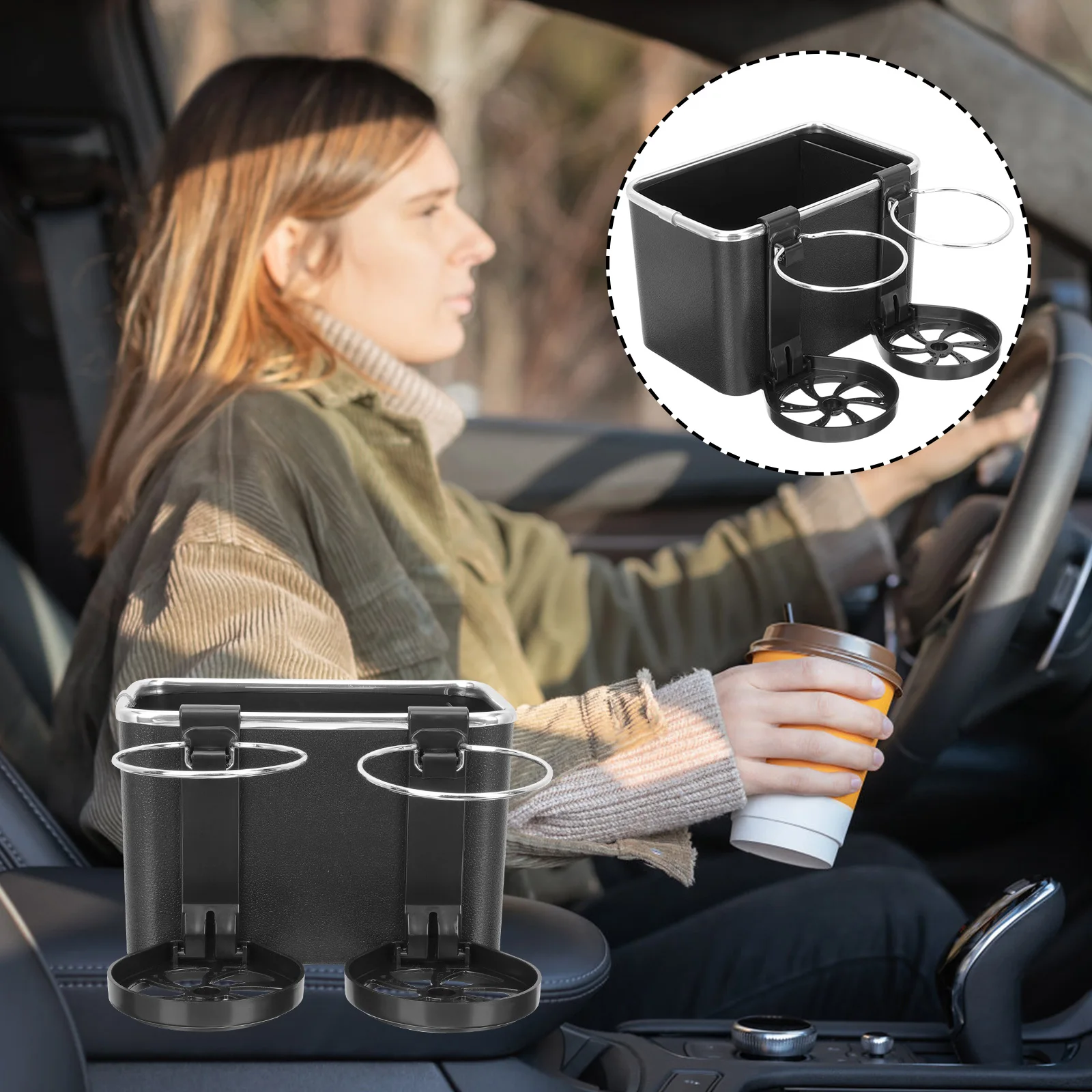 

Multi-Functional Car Storage Box Stainless Steel Cup Holder Organizer For Phone Cables Tissue Drinks Cigarettes Durable Easy