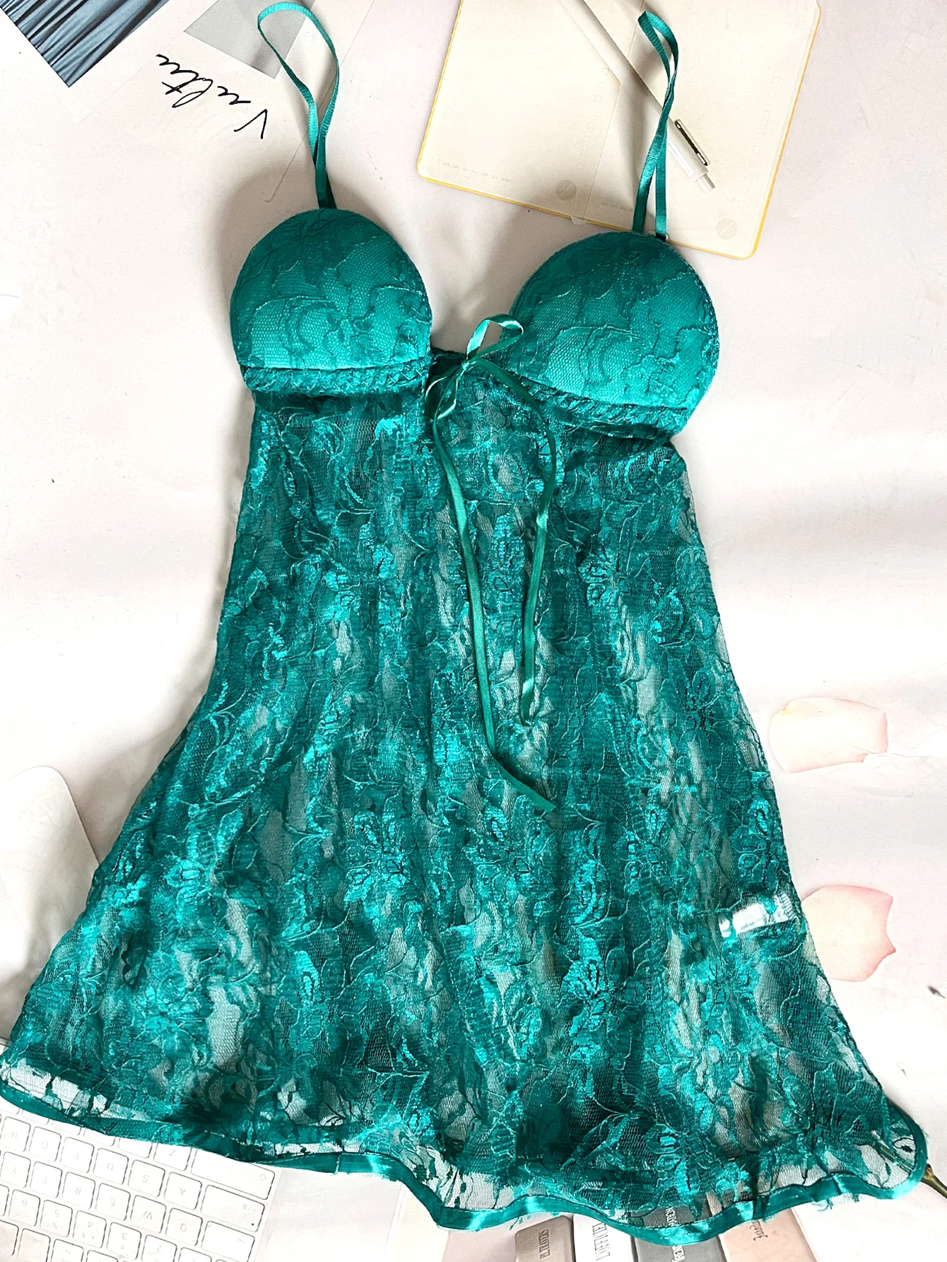 Sexy Sheer Lace Dress with Built-In Bra and Pure Lace Design, Comes with a Thong