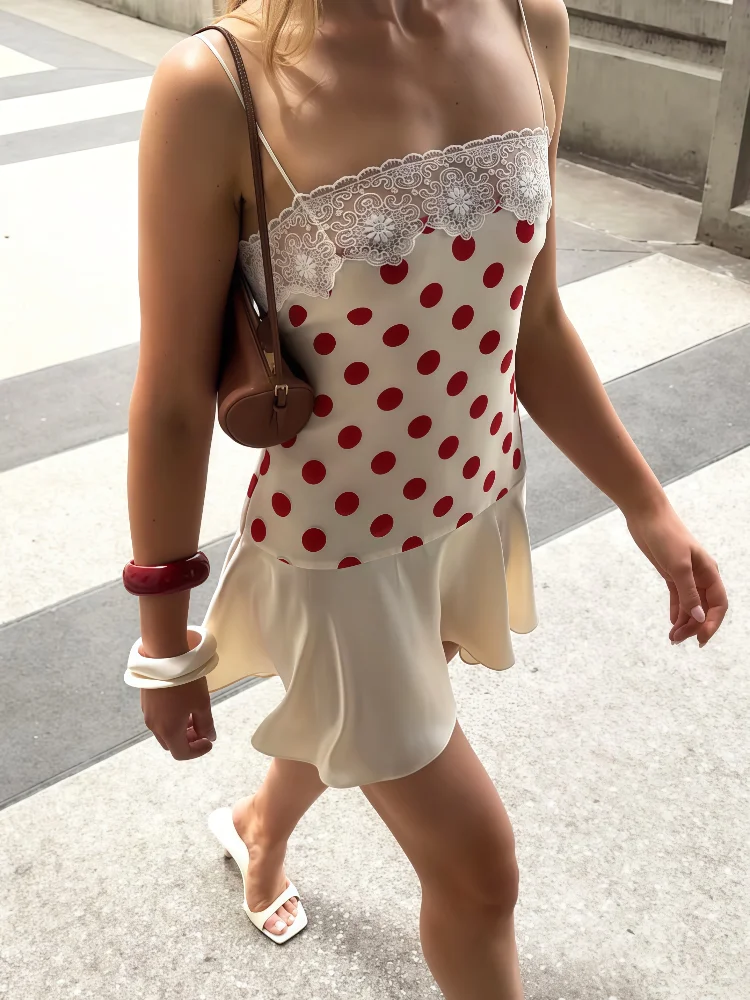 

Absobe Women Polka Dot Lace Trim Mini Dress Backless Spaghetti Strap Satin Ruffle Hem Y2K Sexy Slim Party Date Vacation Outfit