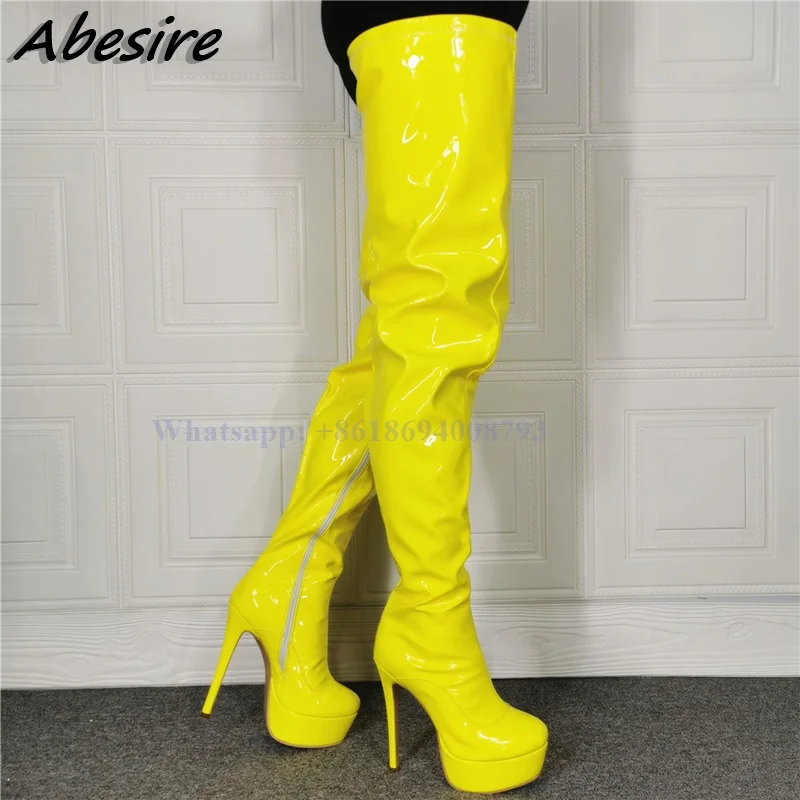 New Thigh High Platform Yellow Boots Round Toe Solid Side Zipper Thin High Heel Boots Over The Knee Women Boots Zapatos Mujer