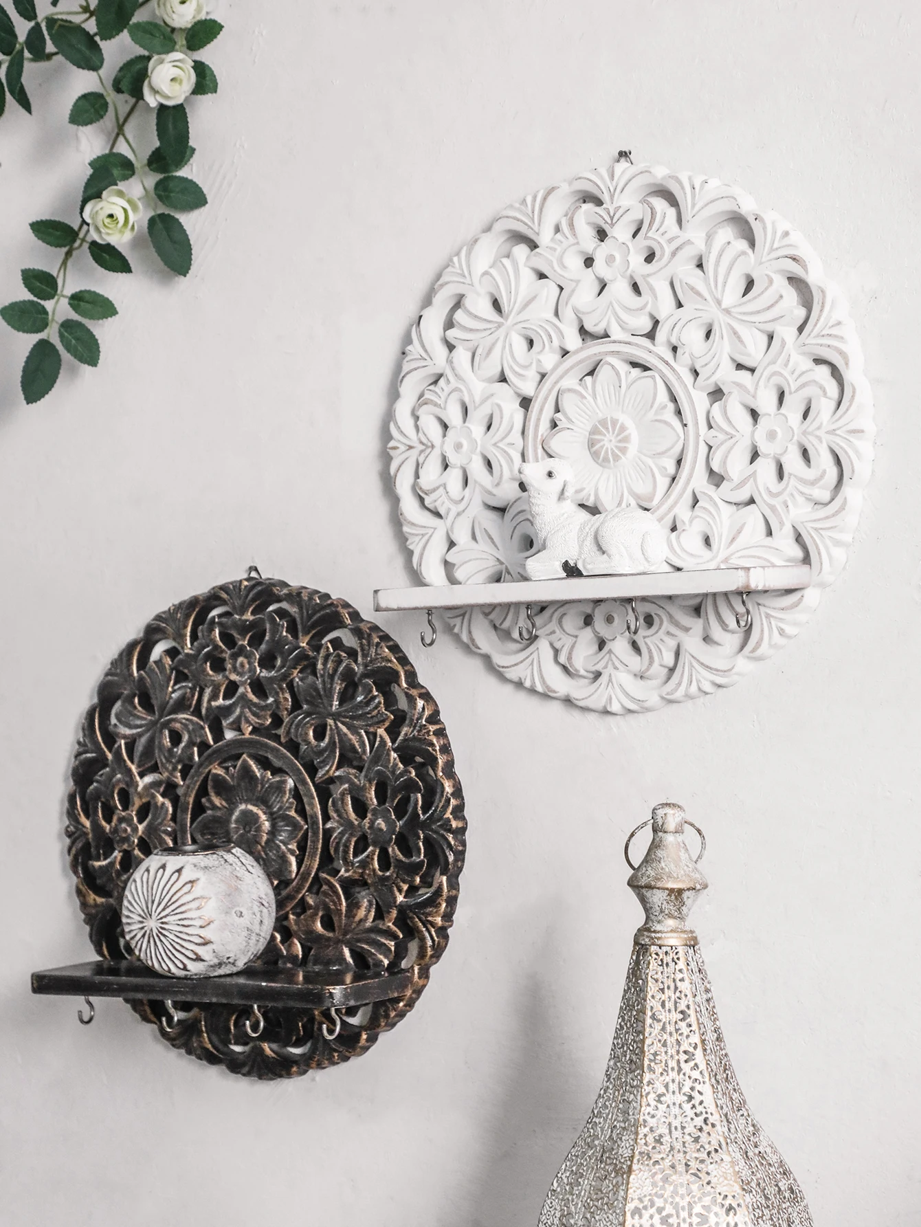 Boho Wooden Wall Shelves, White & Brown Floral Carved Design, Decorative Hanging Shelf with Hooks for Entryway & Home Wall Decor view 3
