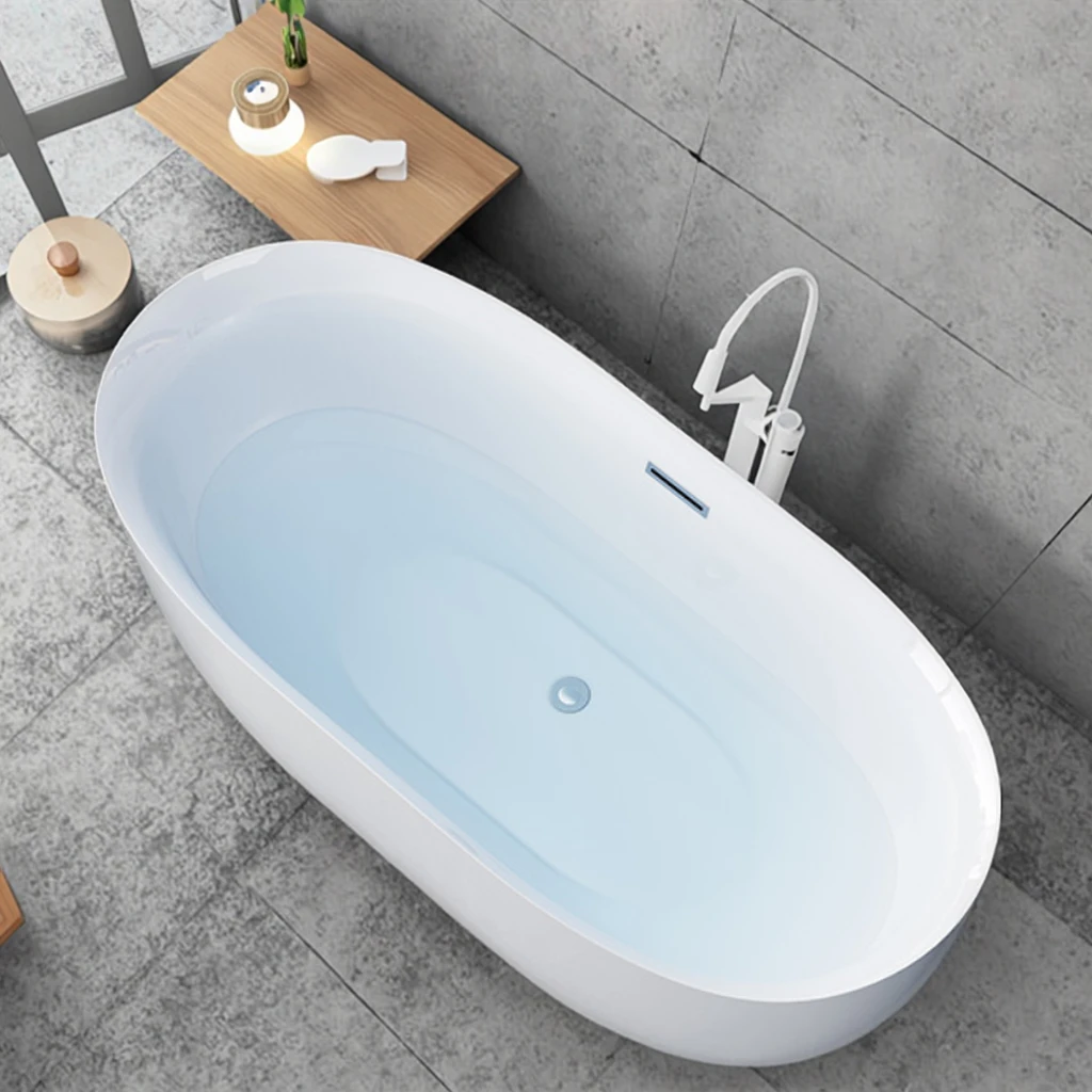 (Factory Direct)Oval Freestanding Bathtub  - Modern Acrylic Soaking Tub with Drain & Overflow