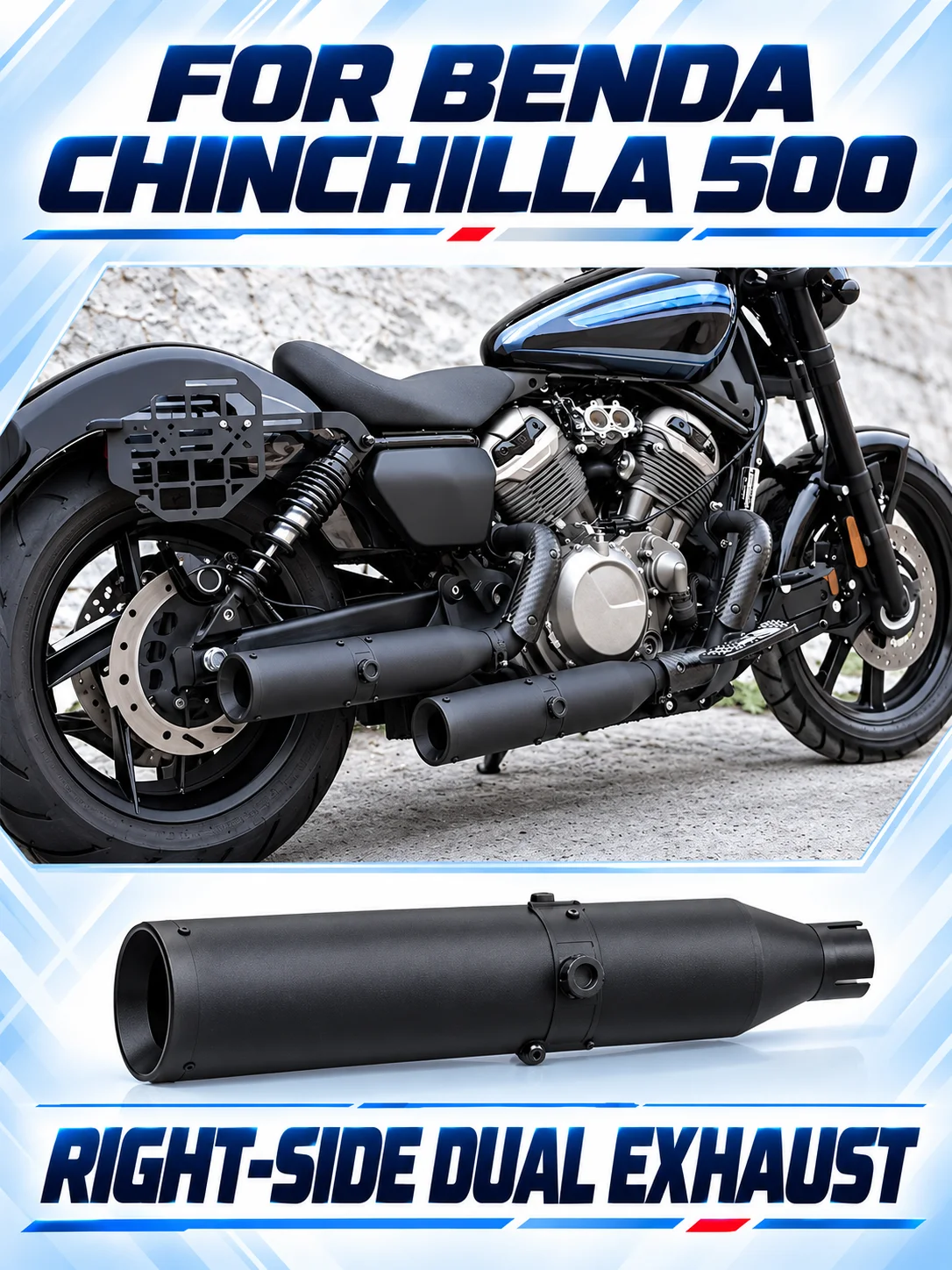 Central Valve Exhaust Pipe, Right Side Dual Outlet Adjustable Deep Sound for BENDA CHINCHILLA 500