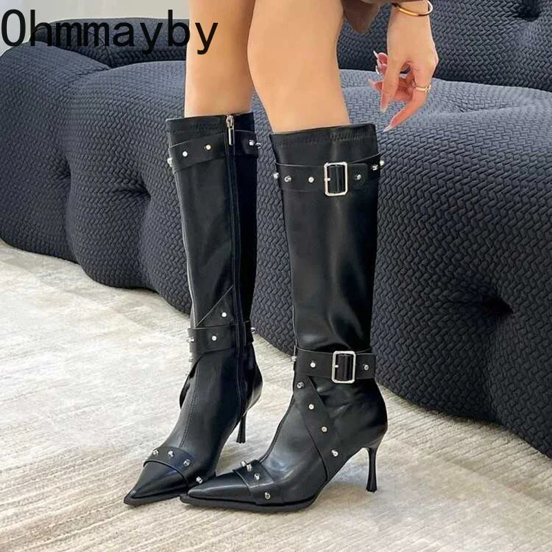 Pointed Toe Women Knee High Modern Boots Fashion Belt Buckle Slim Long Booties Thin High Heel Autumn Winter Ladies Shoes