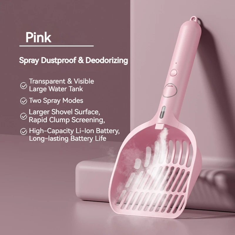 Large Plastic Cat Litter Scoop with Deodorizing Spray 2-in-1 Smart Pet Poop Shovel - Cat Care Cleaning Supplies