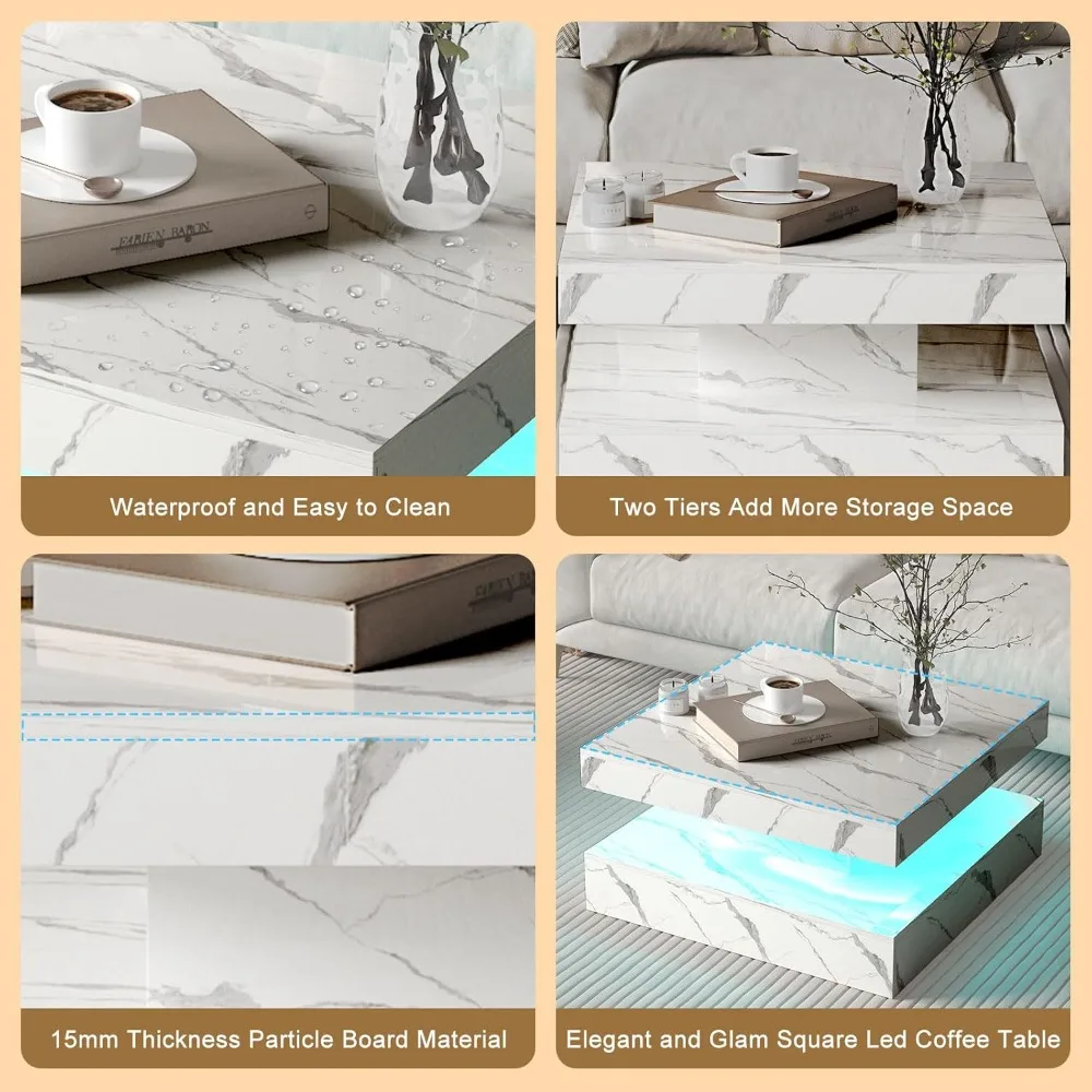 White Marble LED Coffee Table for Living Room, Living Room Table 2-Tier Square Middle Center Table, Modern Coffee Tables with