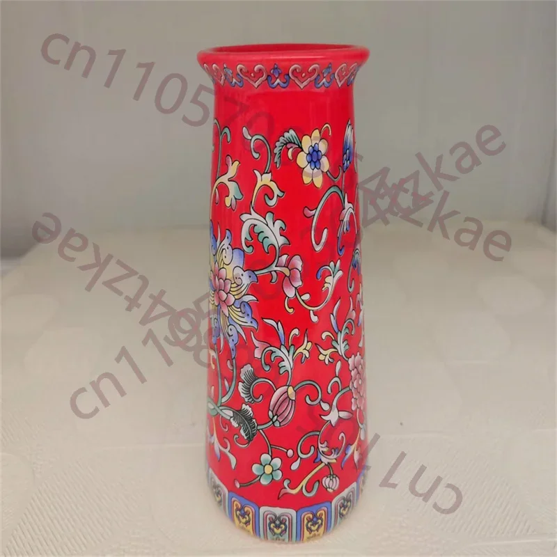 Chinese Old Porcelain red enamel Entangled Lotus patterned open end vase