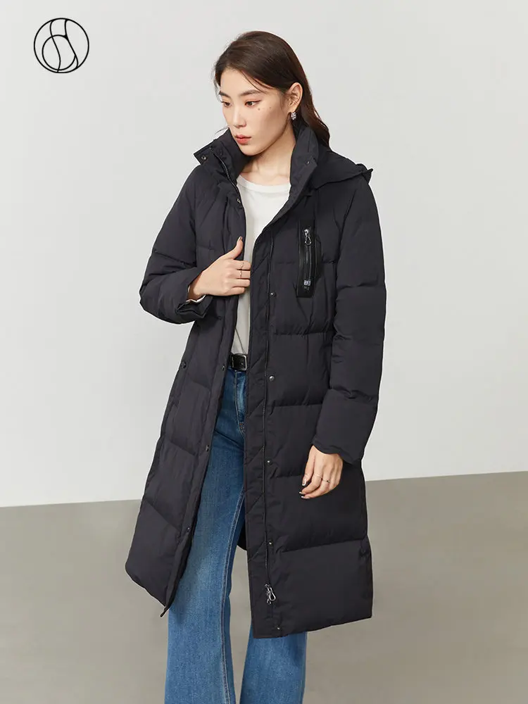 

DUSHU 162.6-195.6G Filling Capacity White Duck Down Long Jacket Women Winter New Tie Waist Thin Black Coat Female Down Coats