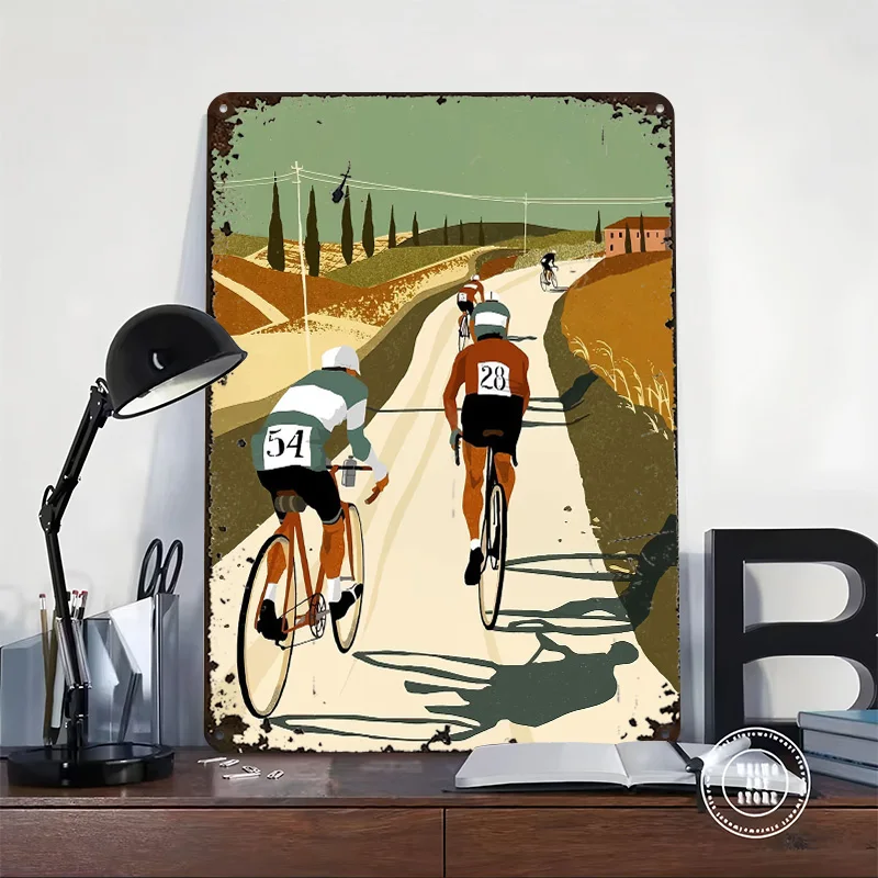 Cyclists Racing on a Tuscan Road Metal Poster Customized Wall Art Retro Vintage Metal Signs for Man Cave Decoration Gaming House