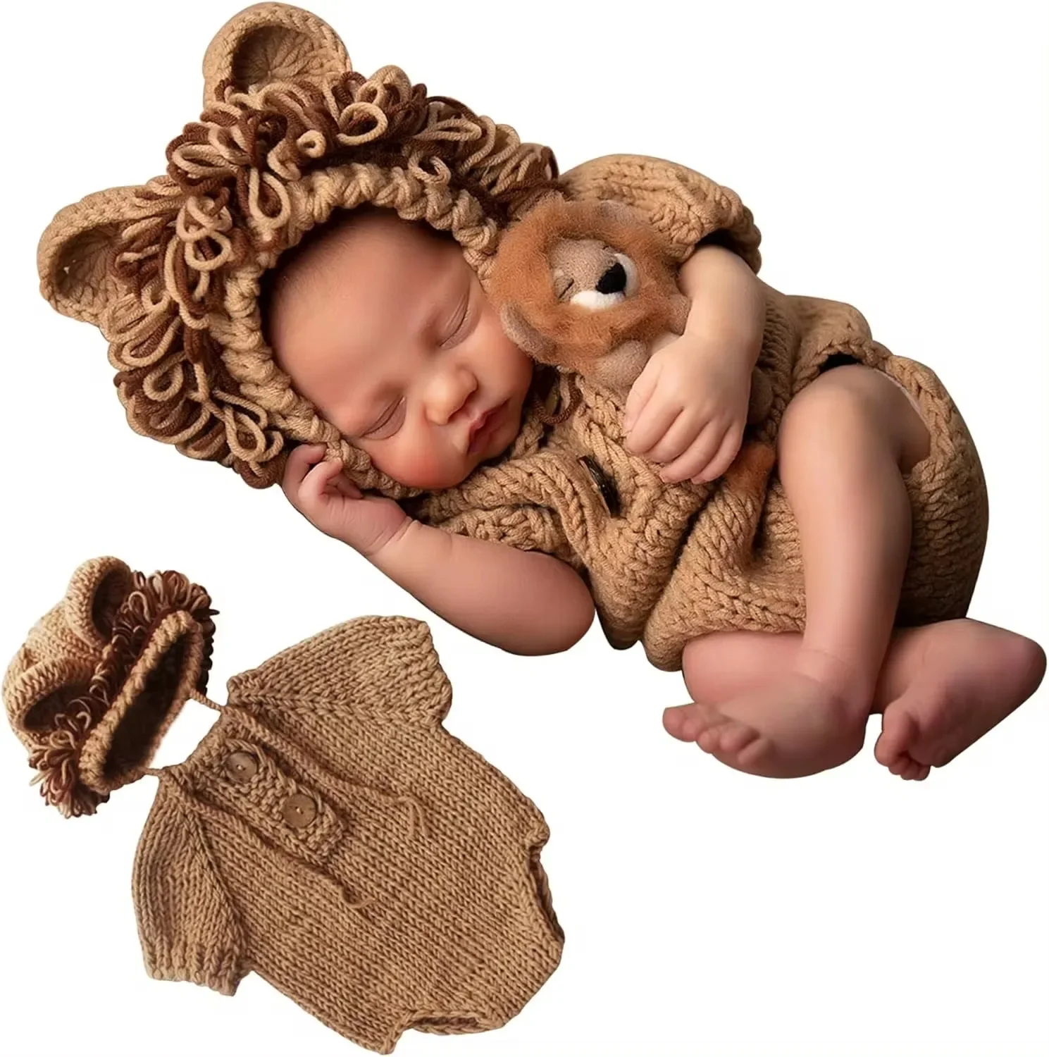 Newborn Photography Outfit Lion Hat Romper Set Baby Halloween Costume Animal Handmade Crochet Knitted Pants Hat Fotografia