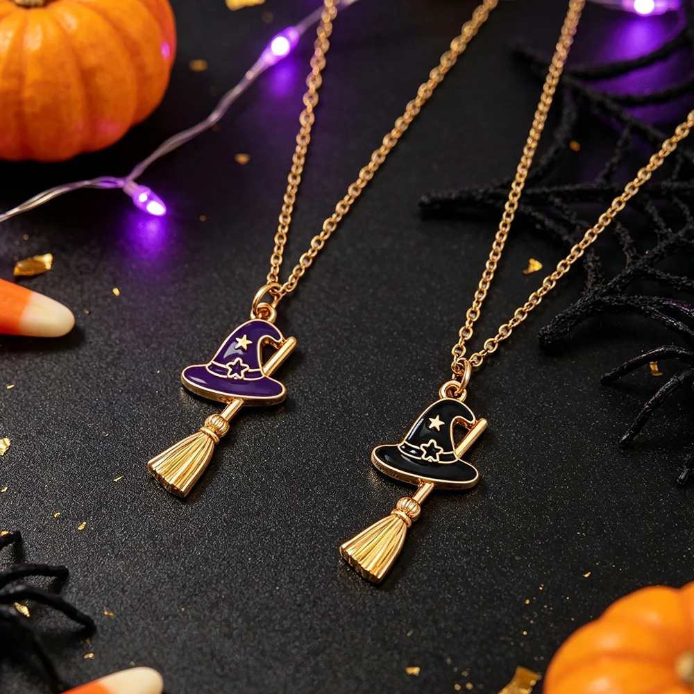 Halloween Witch Hat Broom Necklace, Magic Star Wizard Hat Enamel Clavicle Chain, Holiday Accessory Available in Two Colors