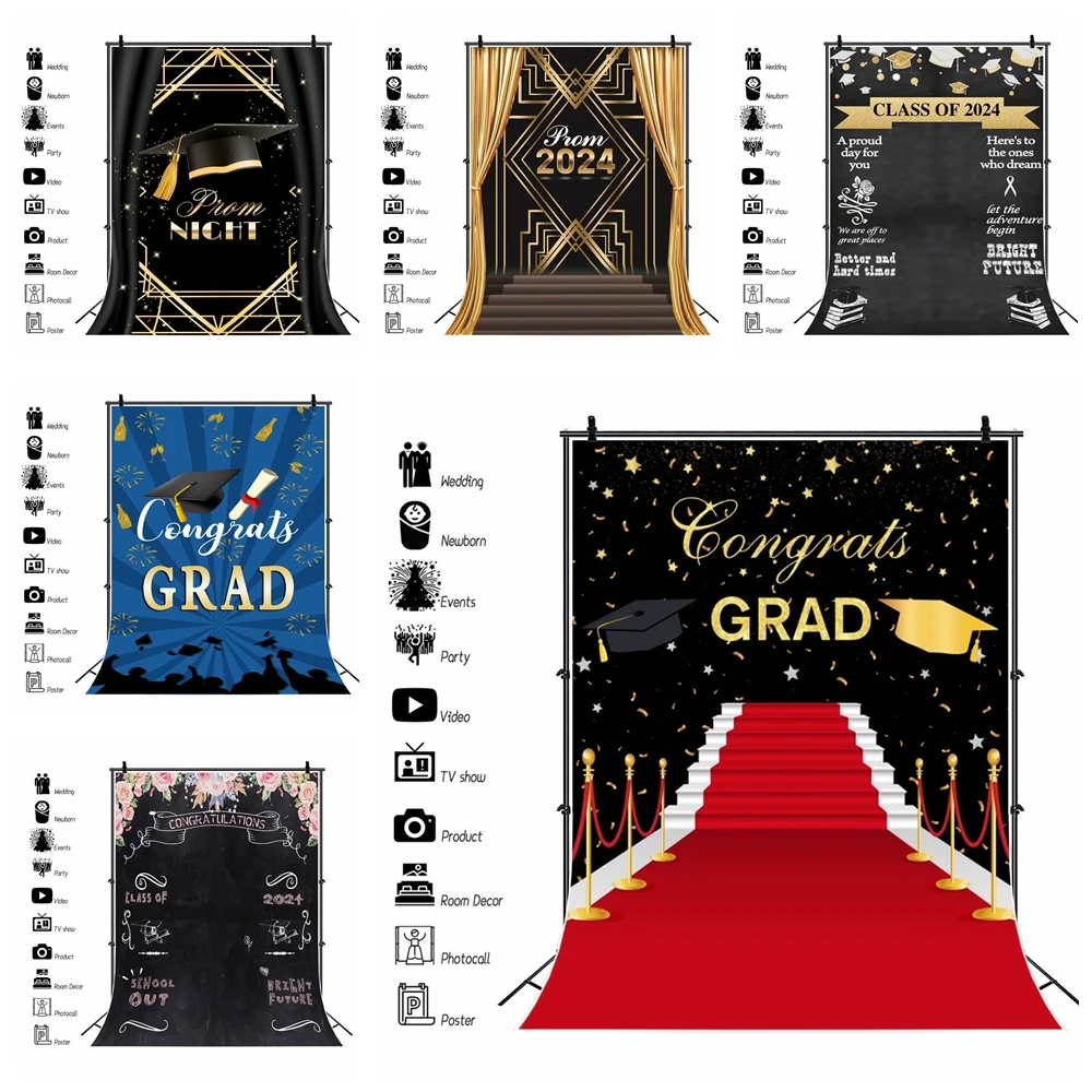 

Graduation Backdrop for Photography Class of 2024 Congratulations Graduates Prom Party Background Glitter Balloon Bachelor Caps