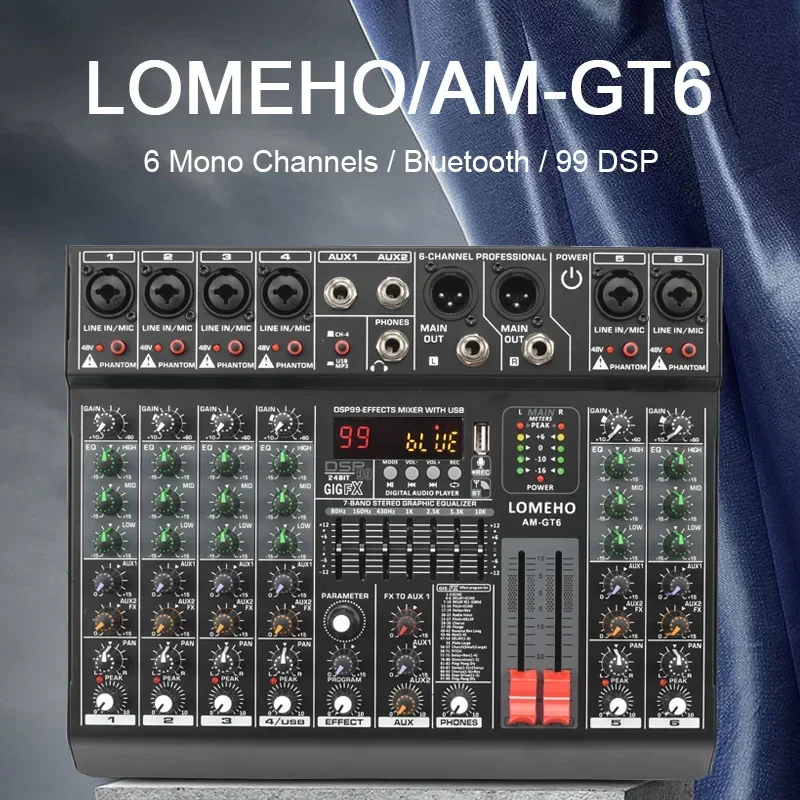 Imagem -02 - Lomeho-mixer de Áudio com Bluetooth Console de Mistura Gravação Usb Tabela de Som Bandas eq 48v Saída Xlr Canais Canais 99 Effect Am-gt6 Canais