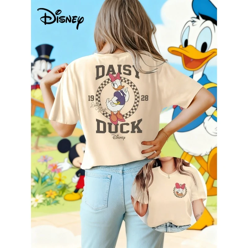 

2025Summer New Disney Daisy Duck Print Sleeve Round Neck Casual Top WomenLoose Clothing Couple 100% Pure Cotton Printed T-shirt