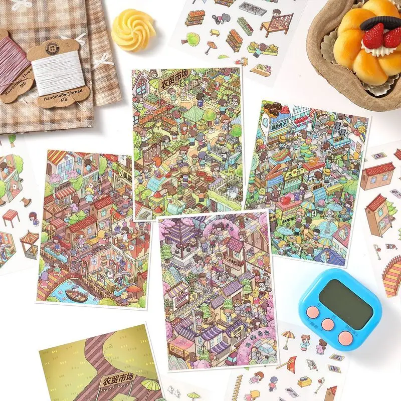 4Pcs Alley Corner Market Notes PET Stickers, City Street Scene Decals for Scrapbook Journal DIY Crafts