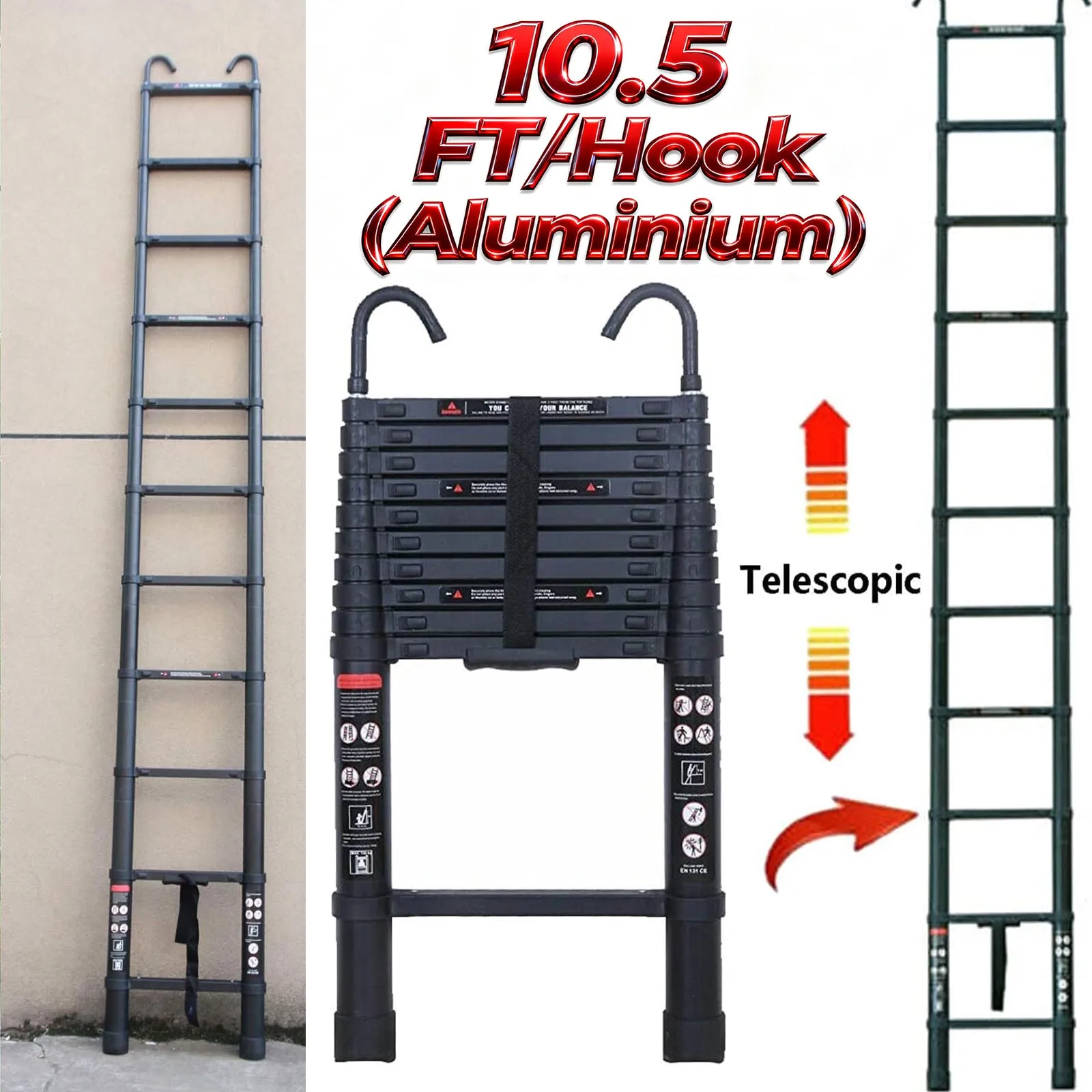 Échelle télescopique extensible de 3,2 m / 10,5 pi avec crochets détachables, échelle pliante en aluminium extensible pour la maison, l'intérieur, l'extérieur et le bricolage