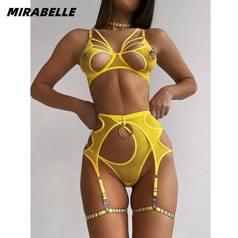 MIRABELLE Sensual Lingerie Sexy Cut Out Bra Set Woman 4-Pieces Erotic Brief Sets Lace Underwear Garters Exotic Costumes