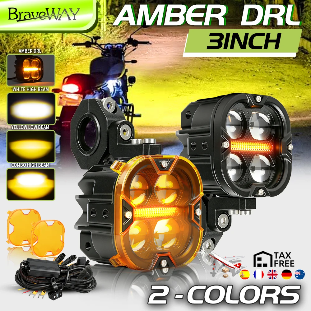 Braveway Offroad-Motorrad-LED-Arbeitsscheinwerfer 3 Zoll Zweifarbig Fern- und Abblendlicht Bernsteinfarbenes Tagfahrlicht Offroad-Bike-Zusatzlampe Komplettes Zubehör-Kit 2 Stück