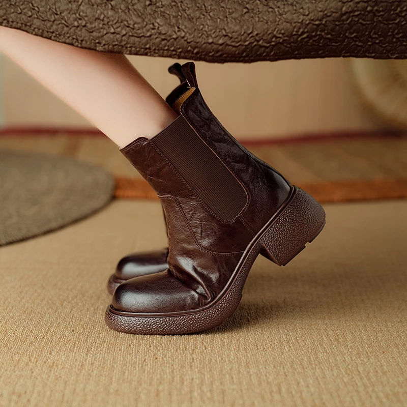 

Women's new leather sheepskin round toe high-heeled, thick soled retro and calf Chelsea short boots for autumn and winter