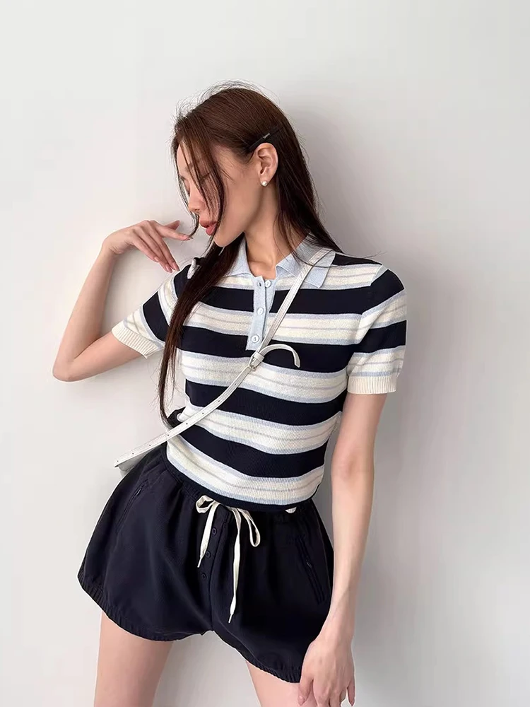

Slim Fit Ne Knitted ort Sve T-irt Women's Elastic Retro Color Blo Summer Top Korean Sle Comfortable Breathable