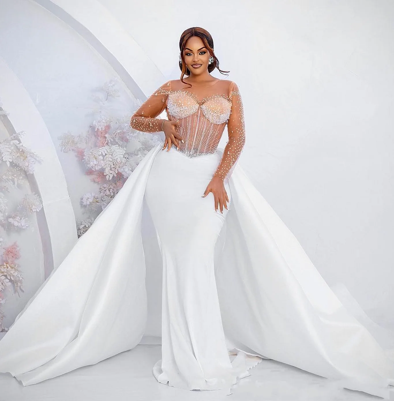 

2025 New Modern Mermaid Wedding Dress Bridal Gowns For Bride Detachable Train Illusion Sheer Neck Long Sleeves Vestido De Noiva