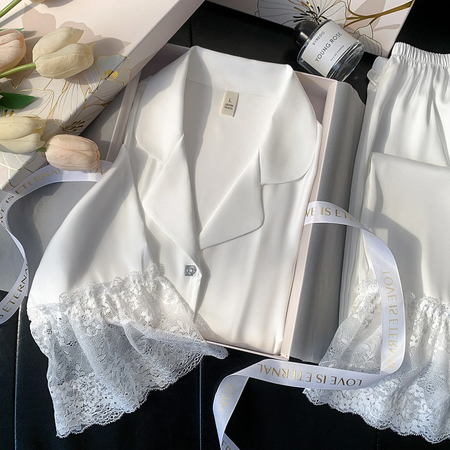 Women's Pajamas Set White Ice Silk Trouser Suits Home Clothes Elegant Patchwork Lace Pijamas Suit Loose Casual Satin Loungewear