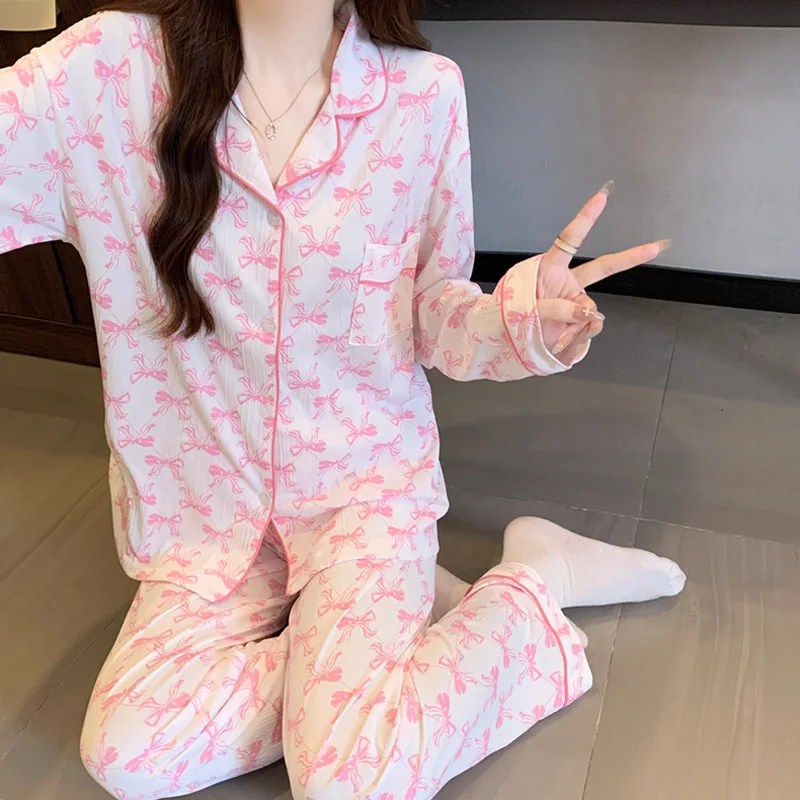 

New Ladies' Sweet Style Bow-Design Printed Pyjamas Spring/Autumn Cardigan Set with Long Sleeves Homewear Trouser Set for Women