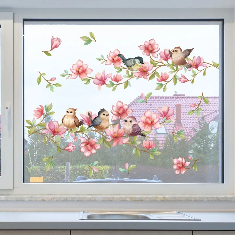 1PC Flower Branches Bird Glass Windows Home Landscaping Decoration Electrostatic Uv Window Stickers Double-sided Pattern