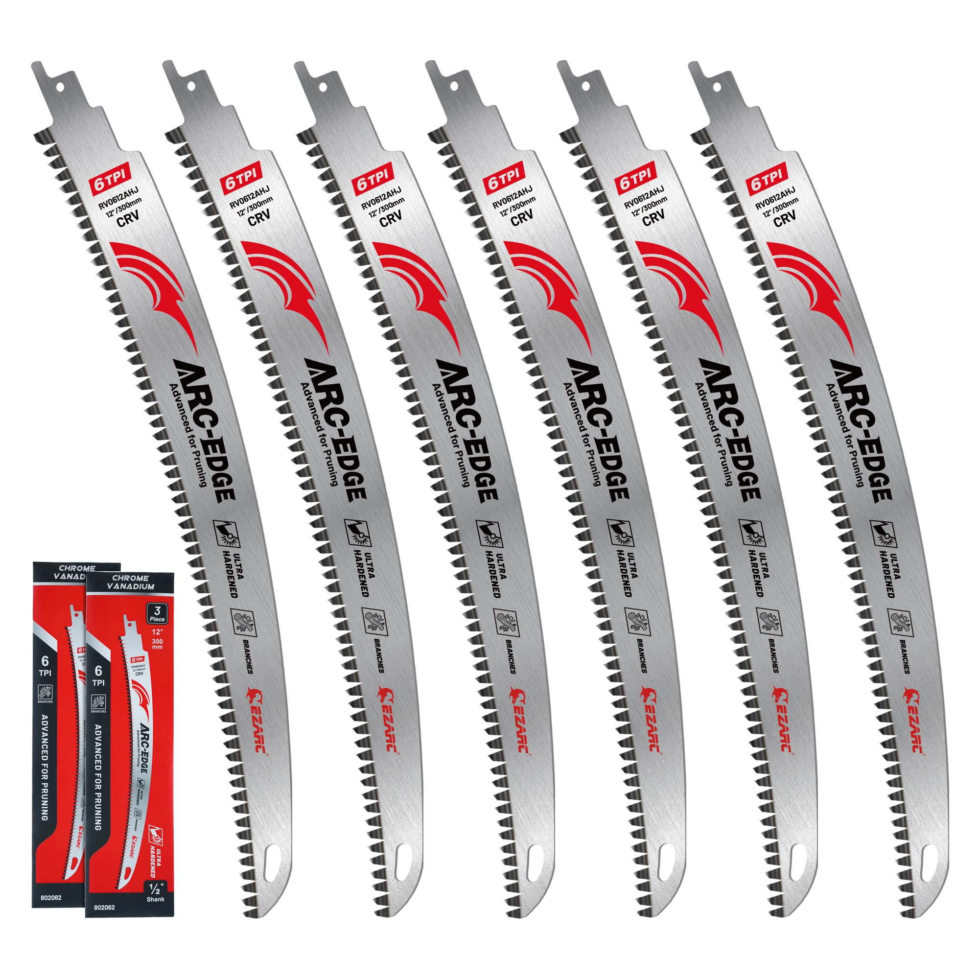 EZARC 12 Inch Wood Pruning Reciprocating Saw Blades, 6pcs 300mm Japanese Teeth Saw Blades 6TPI Arc Edge for Tree Trimming