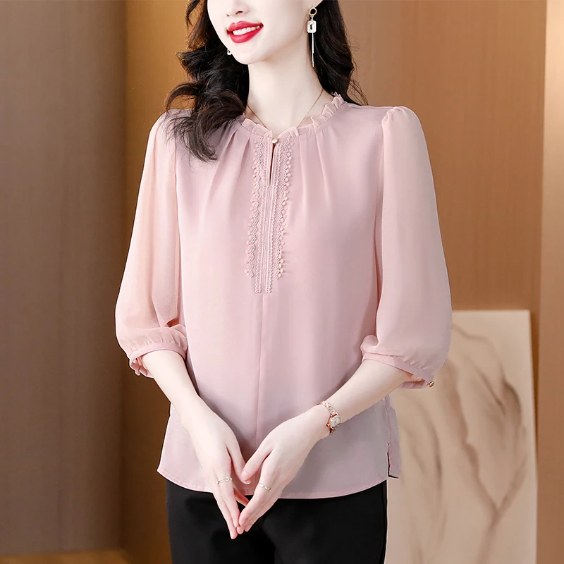 Silk Pink Solid Women\'s Top Chiffon Shirt 2023 Spring/Summer New O-Neck Silk Shirt Breathable Lightweight Shirt Small Shirt