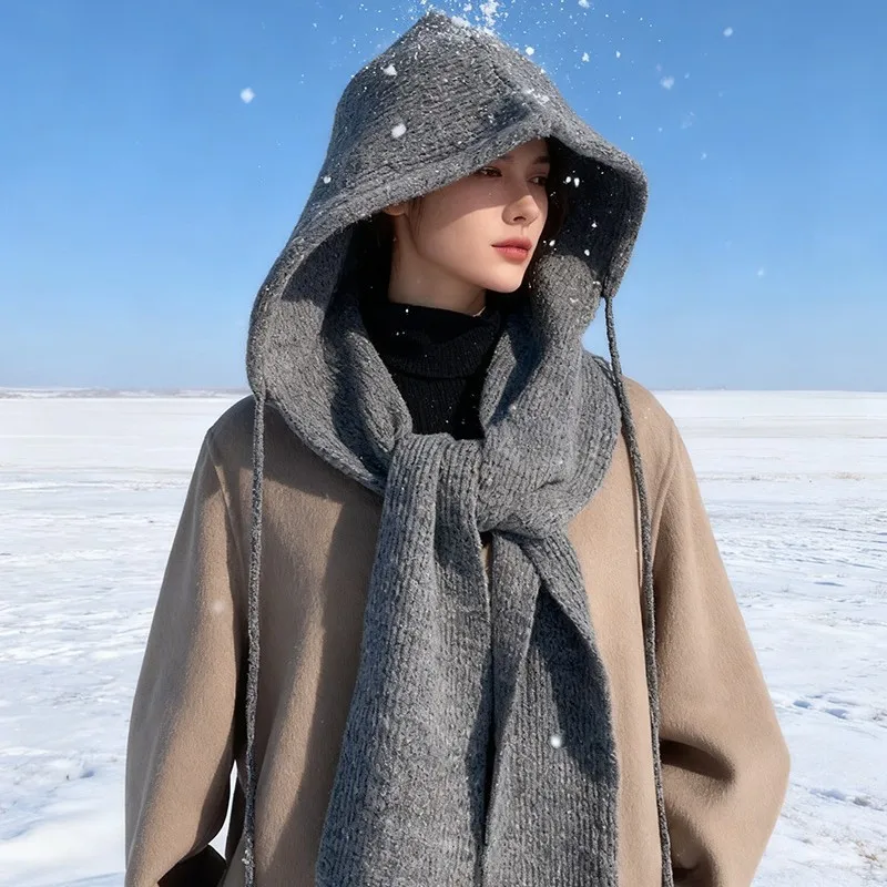New Winter Warmth-Boosting Hooded Barakalla Hat Set: Thickened Layered Knit Scarf, Neck Wrap Hat Cap