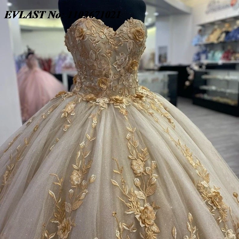 EVLAST-Vestido Champagne Quinceanera, Applique Floral 3D, Espartilho de Beading, Vestido de Bola Dourado, Sweet 16, XV 15, 15 Anos, SQ26, 2024