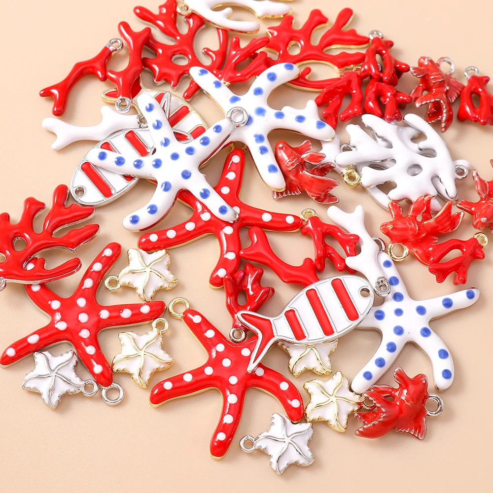 Leslie 5pcs Cute Red Mini Ocean Fish Dolphin Coral Starfish Charm Beads for Sterling Silver Bracelet Jewelry Making DIY