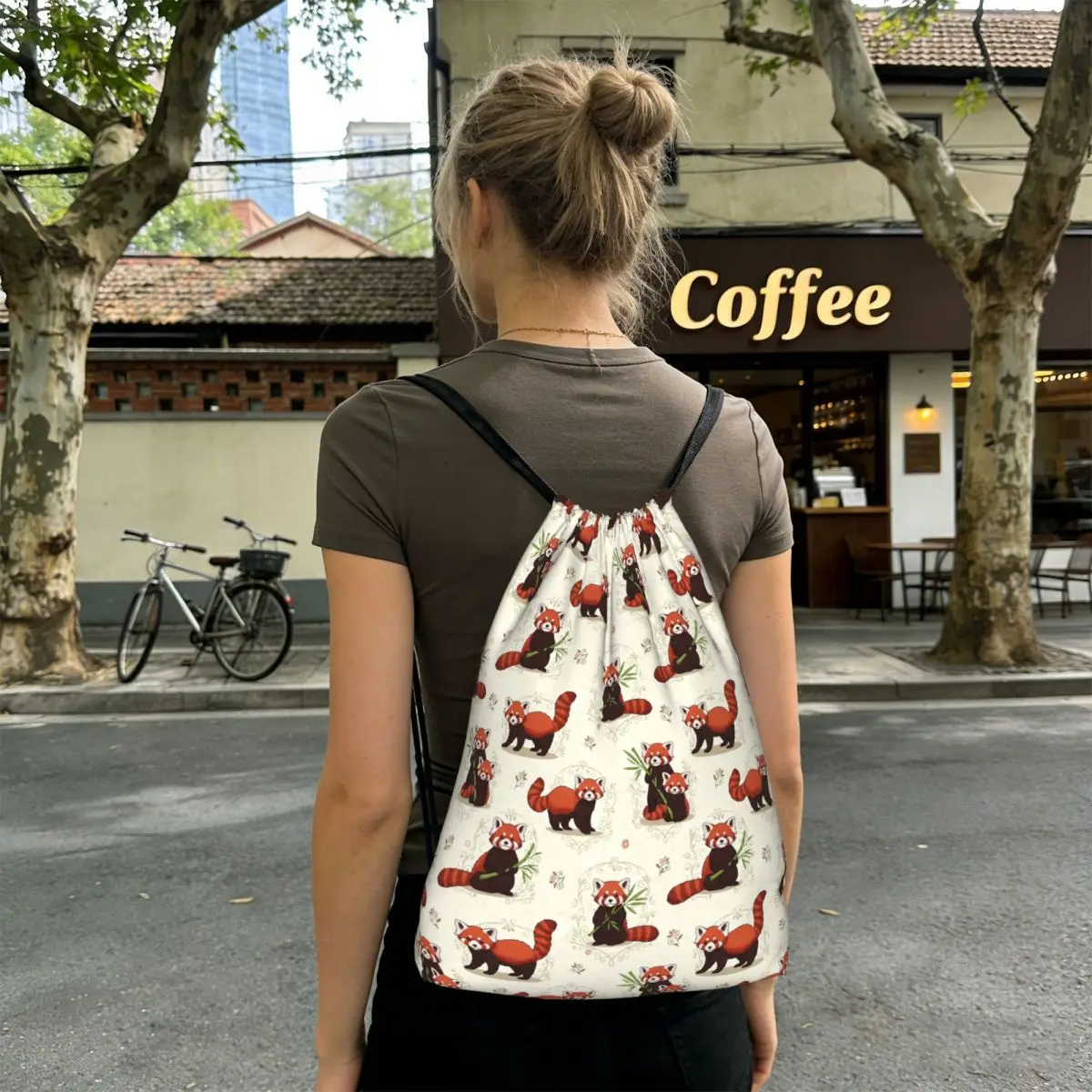 

Cute Cartoon Panda Red Raccoon Pattern Backpacks Multi-function Drawstring Bags Sports Bag Book Bags for Travel School