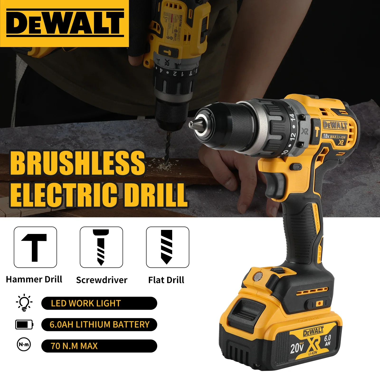 

2026 DEWALT DCD796 Brushless Percussion Drill 20V 70Nm Torque 14+1 Gears Wood Metal Ceramic Drilling
