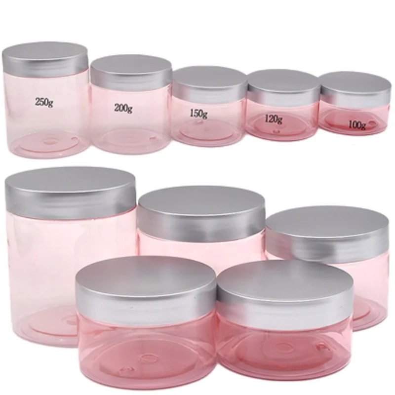 Empty Packing Clear Pink Plastic Bottle Jar Silver Cover With Pad 100G 120G 150G 200G 250G Refillable Cosmetic Container 20Pcs