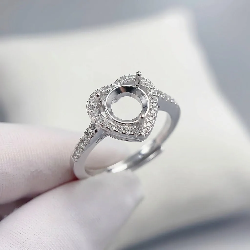 Brass Heart Ring Settings Blank with CZ, Adjustable Round Cabochon Cameo Base Tray, For DIY WomenRings Jewelry Making Supplies