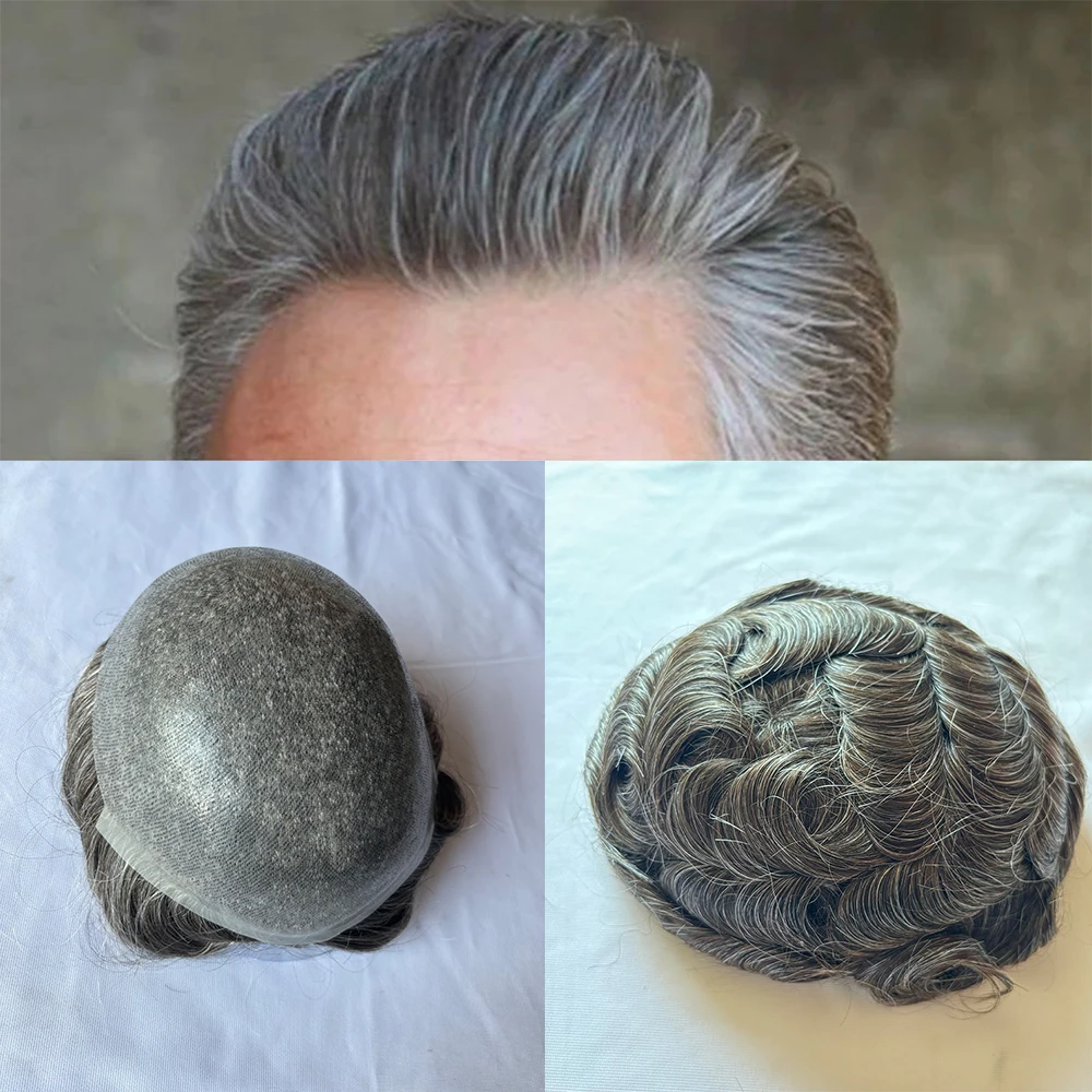 HD Lace Men Toupee Natural Gray Hair Replacement Human Hair System Wigs Poly PU Around Durable Breathable Hairpiece Thin Skin