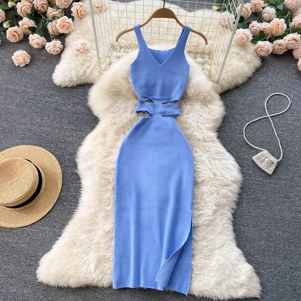 Summer Knit Sexy Strap Dress Women Hollow Out Elatic Waist Bodycon Sundress Female Beach Split Backless Long Dress