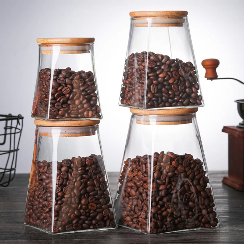 350ml/500ml/750ml/950ml Coffee Bean Tea Sugar Candy Fruit Jar Glass Container Storage Kitchen Container Wood Lid Cover Bottle