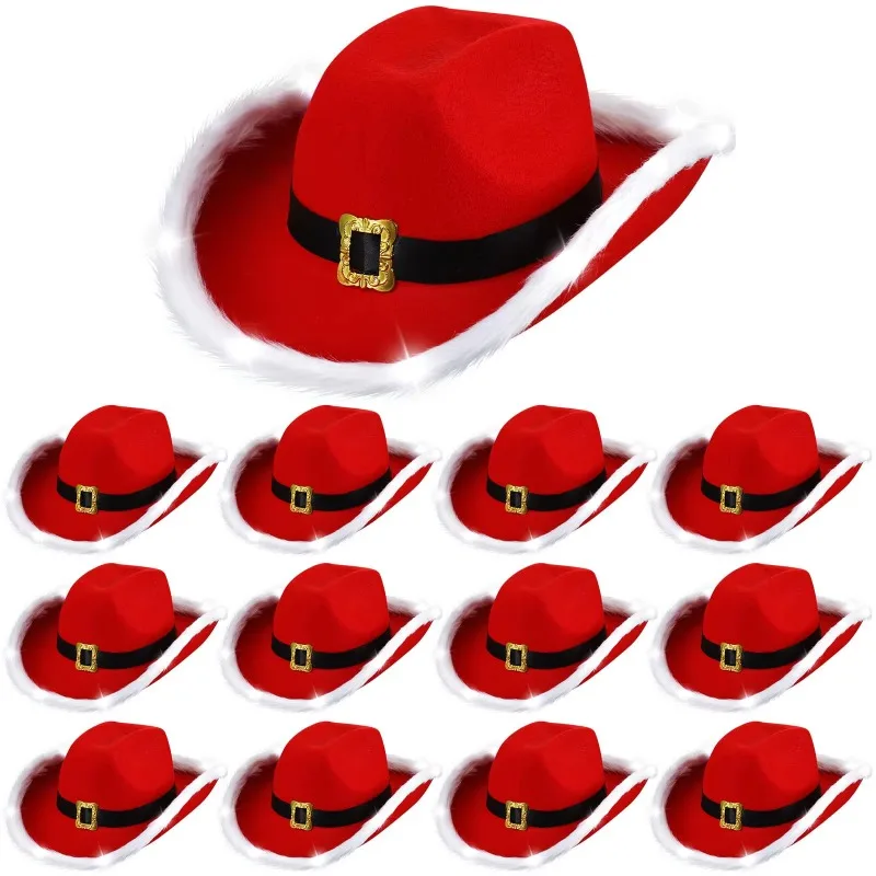 1/10pcs Santa Claus Party Christmas Luminous Cowboy Hat Western Red Felt Hats Wide Brim Cowgirl Hat Jazz Hat for Women Men