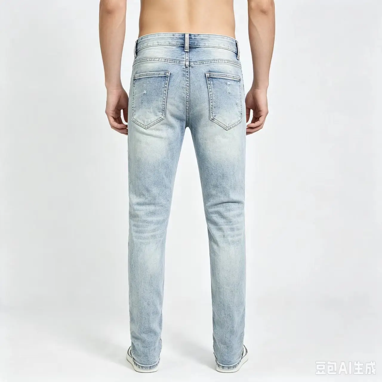 Men's Light Blue Retro Slim Fit Jeans Elastic Tapered Street Fashion Pants with Perforated Patch Trendy Y2K Style